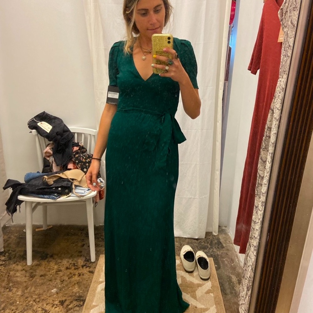 Reformation Green Puff Sleeve Wrap Maxi Dress